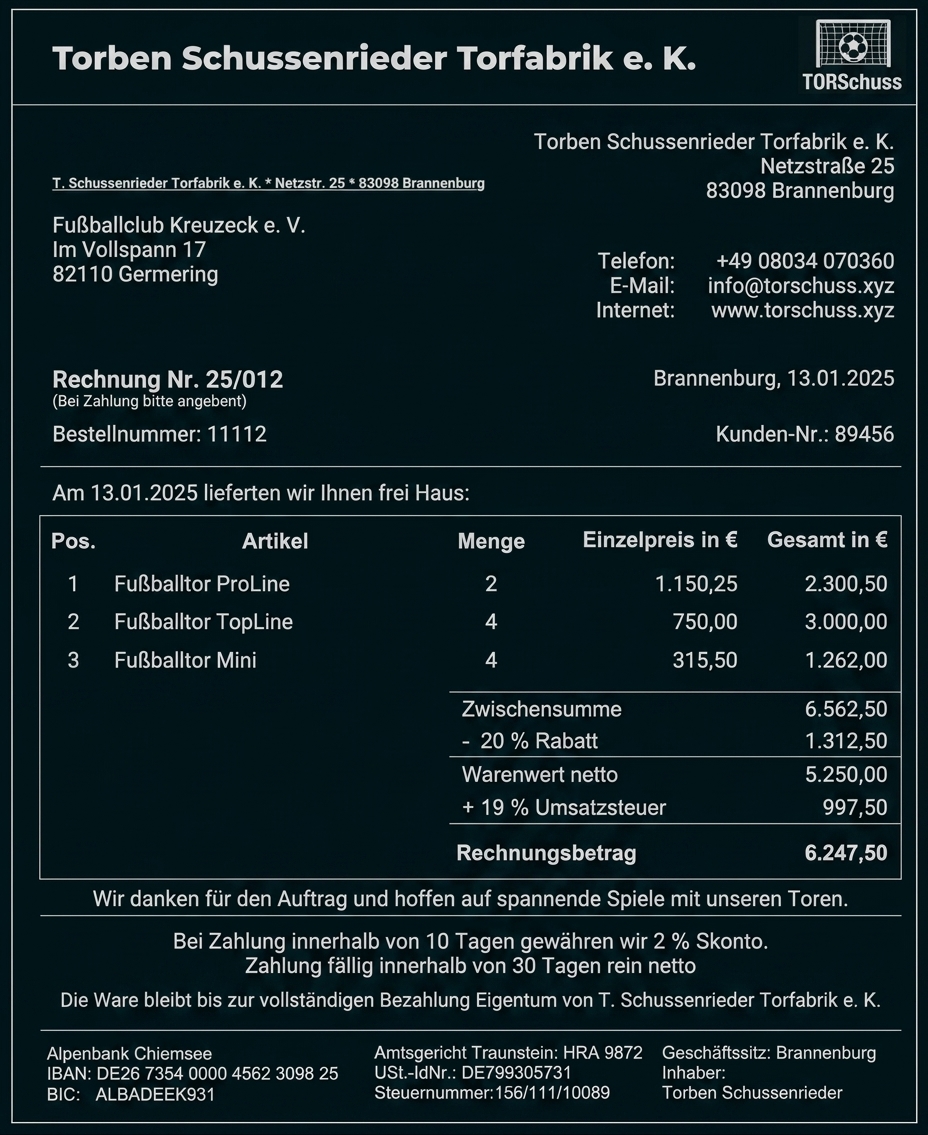 Rechnung für Fußballtore von Torben Schussenrieder Torfabrik e. K. mit Positionen und Gesamtbetrag.